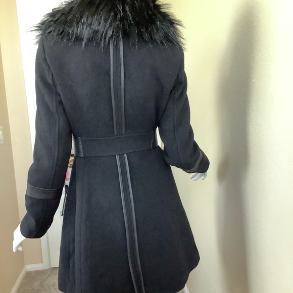 Guess Black Faux Fur Trimmed Wool Coat - Picture 11 of 16